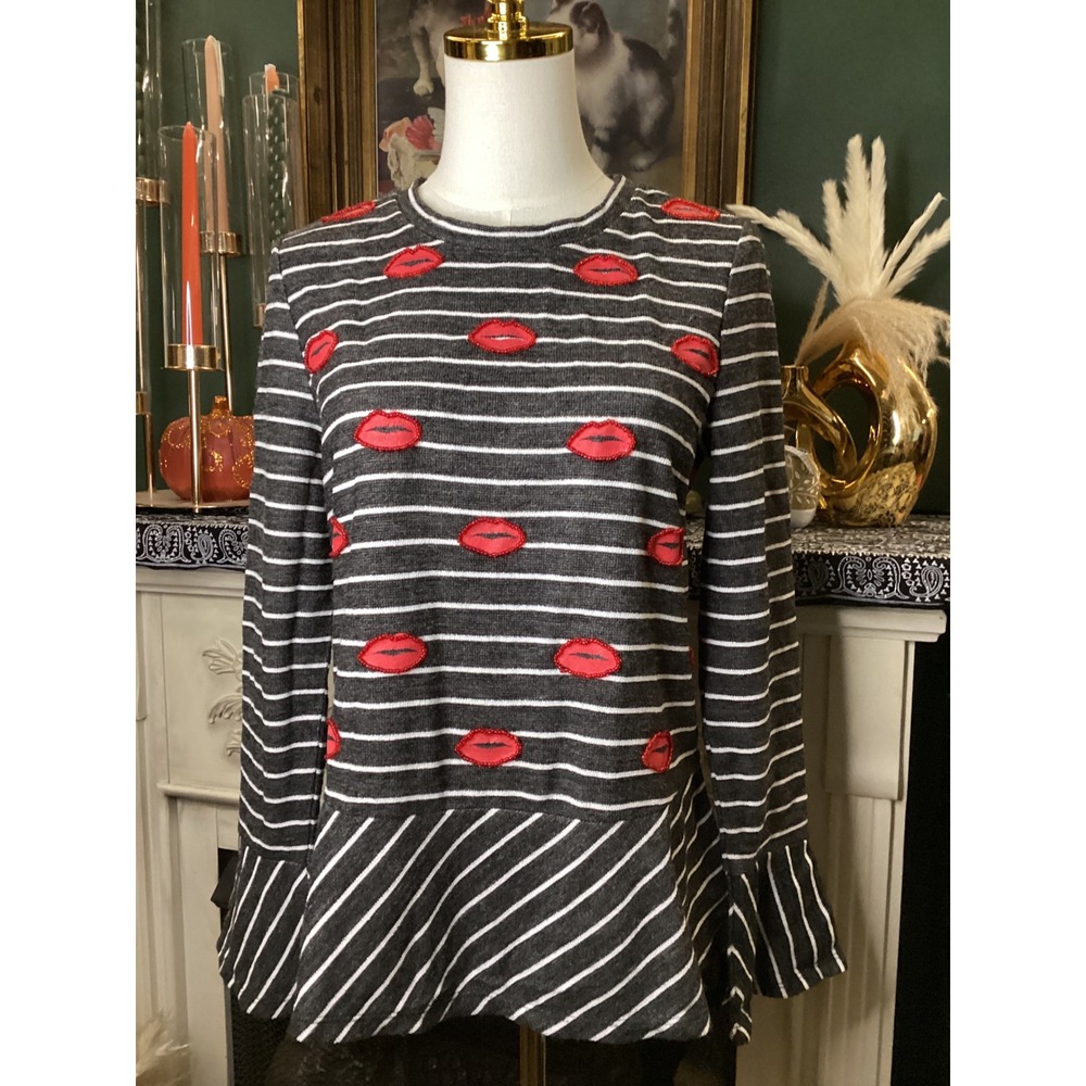 Nanette Lepore Grey Striped Lip Applique Peplum Top Small Long Sleeve Beaded